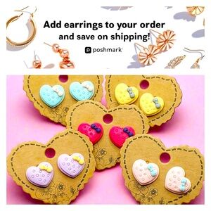 Stud‎ Earrings Sweet Pastel Hearts with Bows BLUE